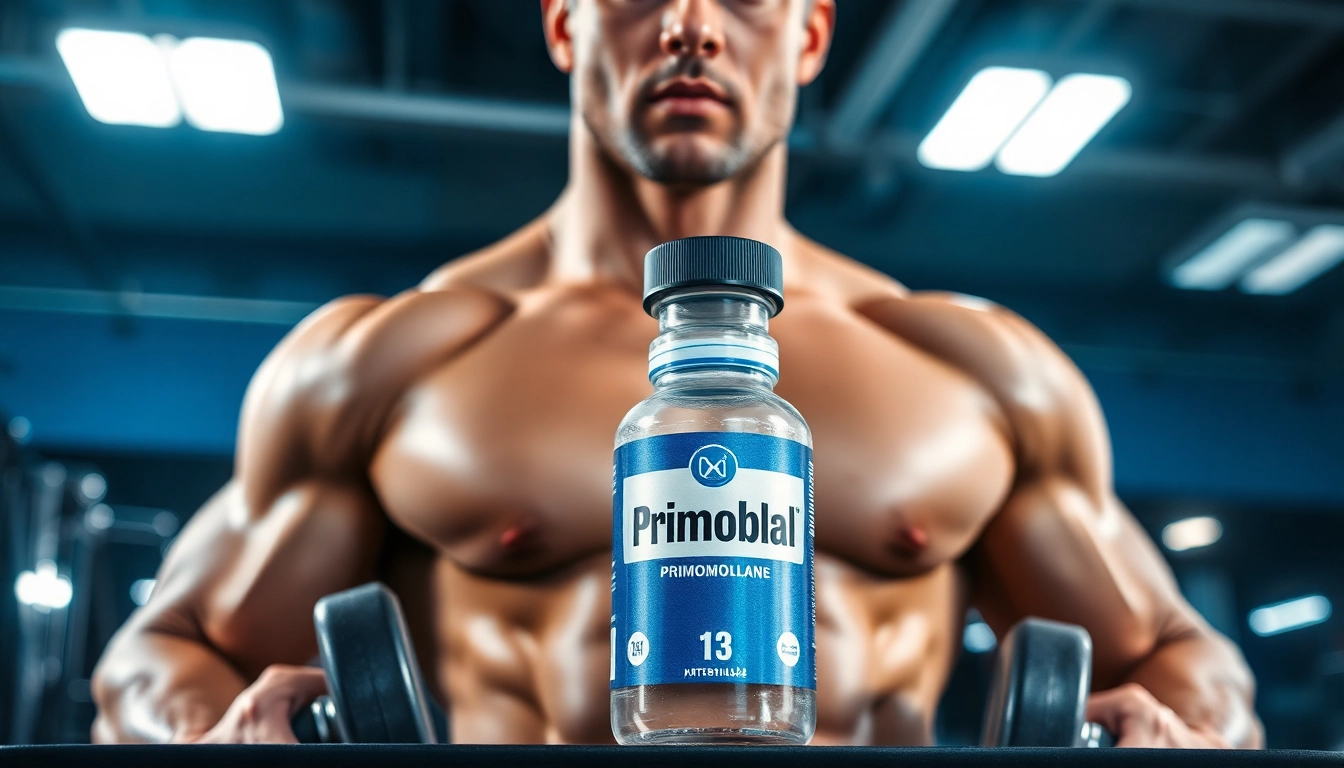 Primobal Primobolan bottle with a professional athlete demonstrating fitness strength.