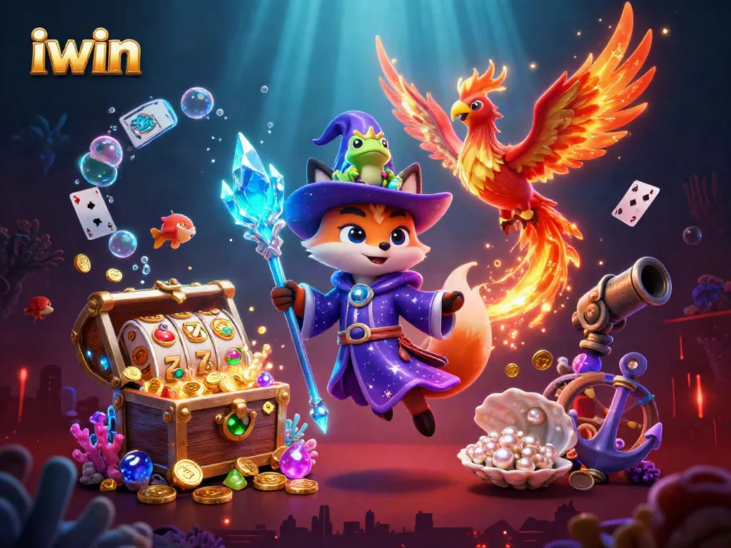 Spin and win with iwin in this vibrant casino-inspired 3D digital illustration featuring lucky symbols.