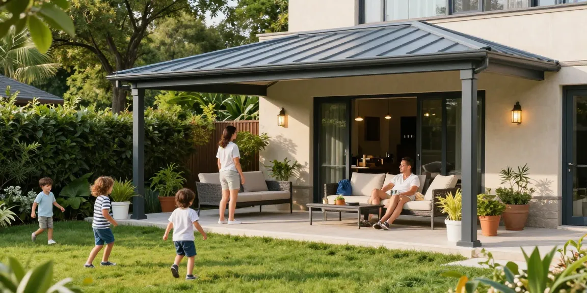 Moderne Terrassenüberdachungen in einem Garten mit einer Familie, die die Sonne genießt.