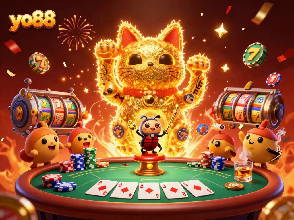 Experience thrilling gameplay with yo88's vibrant scene of a lucky cat and colorful slot elements.
