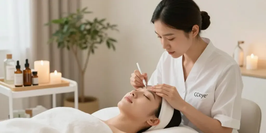 Augenringe entfernen mit CCeye® Behandlung in einem eleganten Wellnessraum.