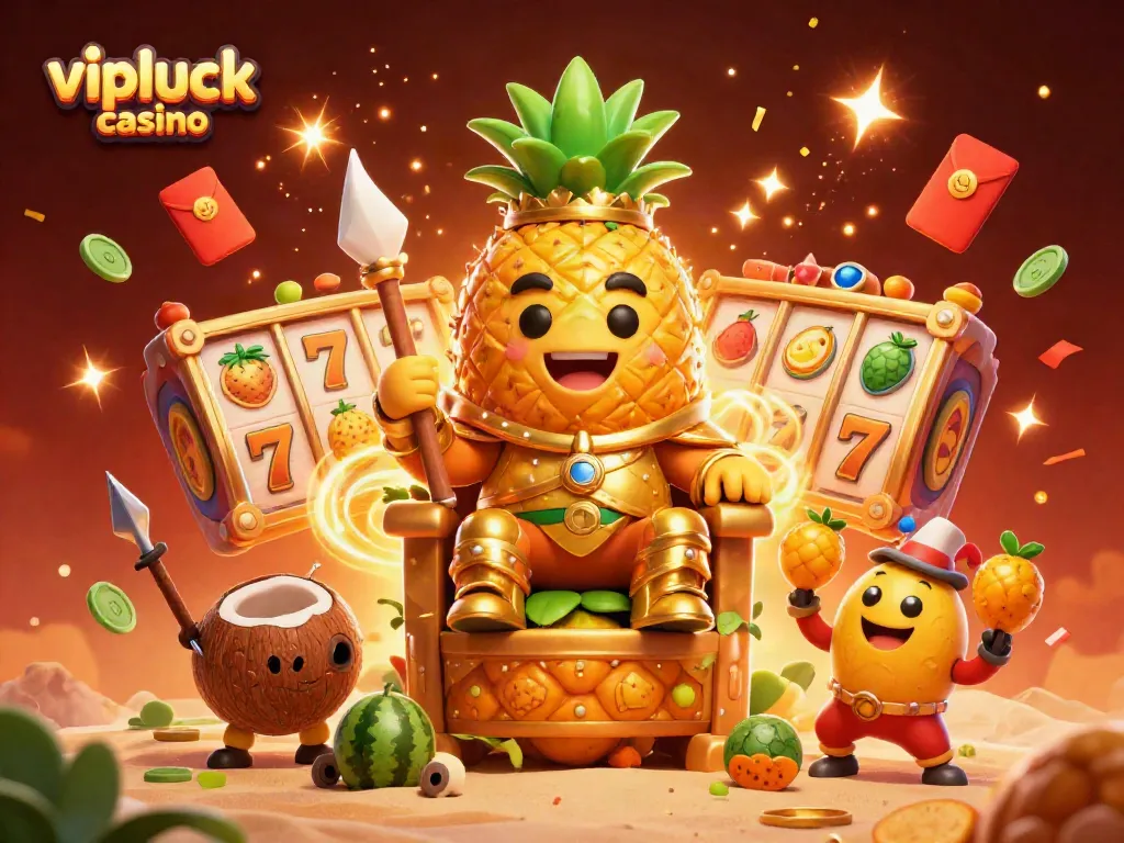 Experience the vibrant excitement of vipluck casino with golden pineapple king and festive decorations.