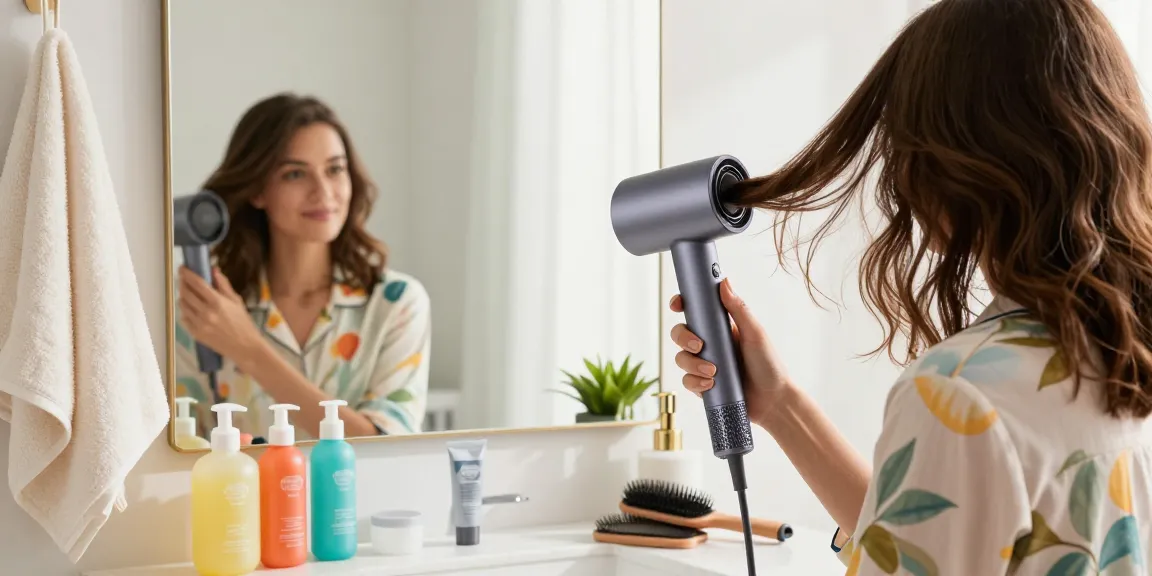 Woman using a compact hair dryer in a bright bathroom, showcasing modern beauty tools and vibrant skincare products.