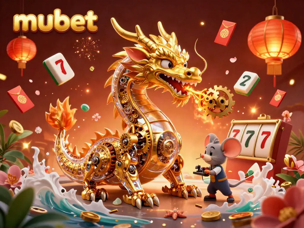 Join the excitement at mubet with a golden dragon and thrilling casino elements in a vibrant setting.