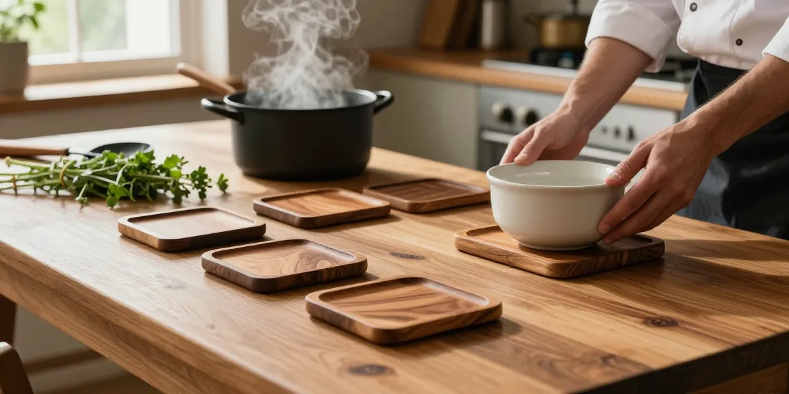 Nachhaltige Topfuntersetzer aus Holz auf einem Küchentisch mit Akazienholz, ideal für heiße Töpfe.