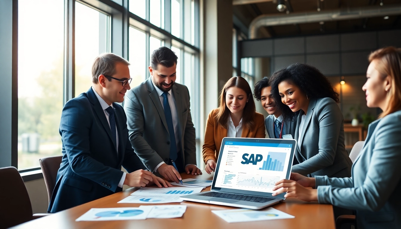 Professionals discussing SAP ERP in a collaborative business setting, showcasing teamwork and innovation.
