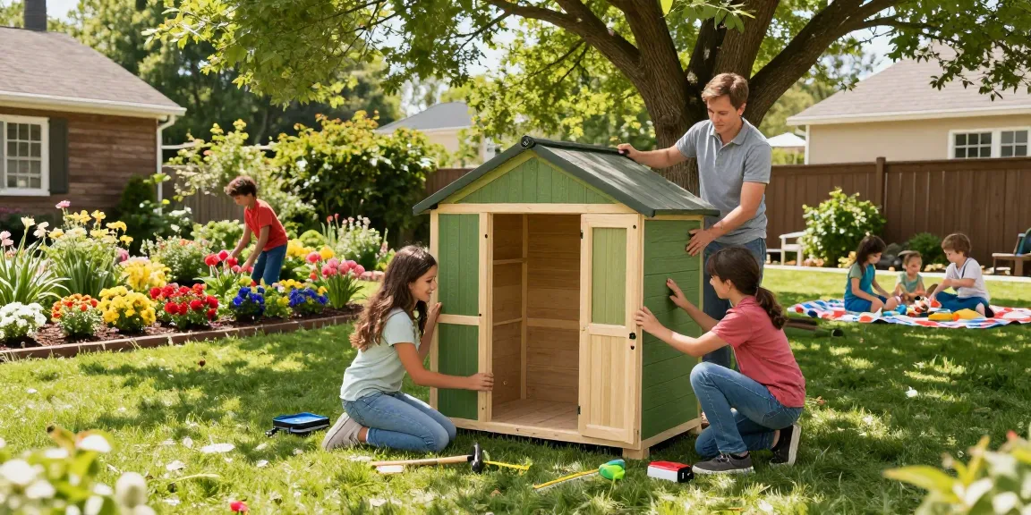 Gartenhaus kaufen: Familie beim Zusammenbauen eines Gartenhauses im Hinterhof an einem sonnigen Tag.