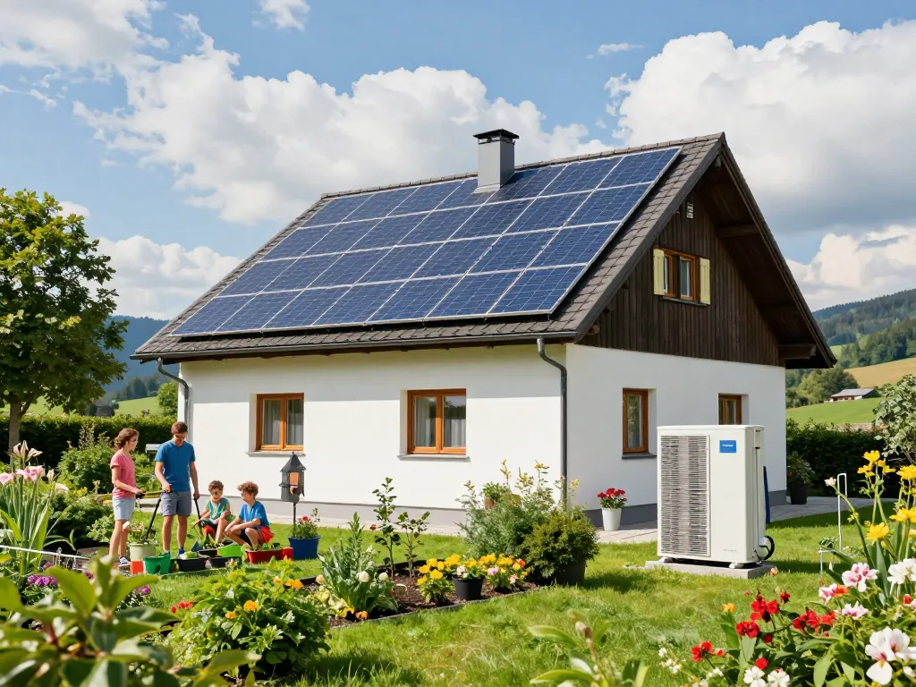 Photovoltaik Bayern: Ein modernes bayerisches Zuhause mit Solarpanelen und einer Wärmepumpe, während eine Familie nachhaltiges Leben genießt.
