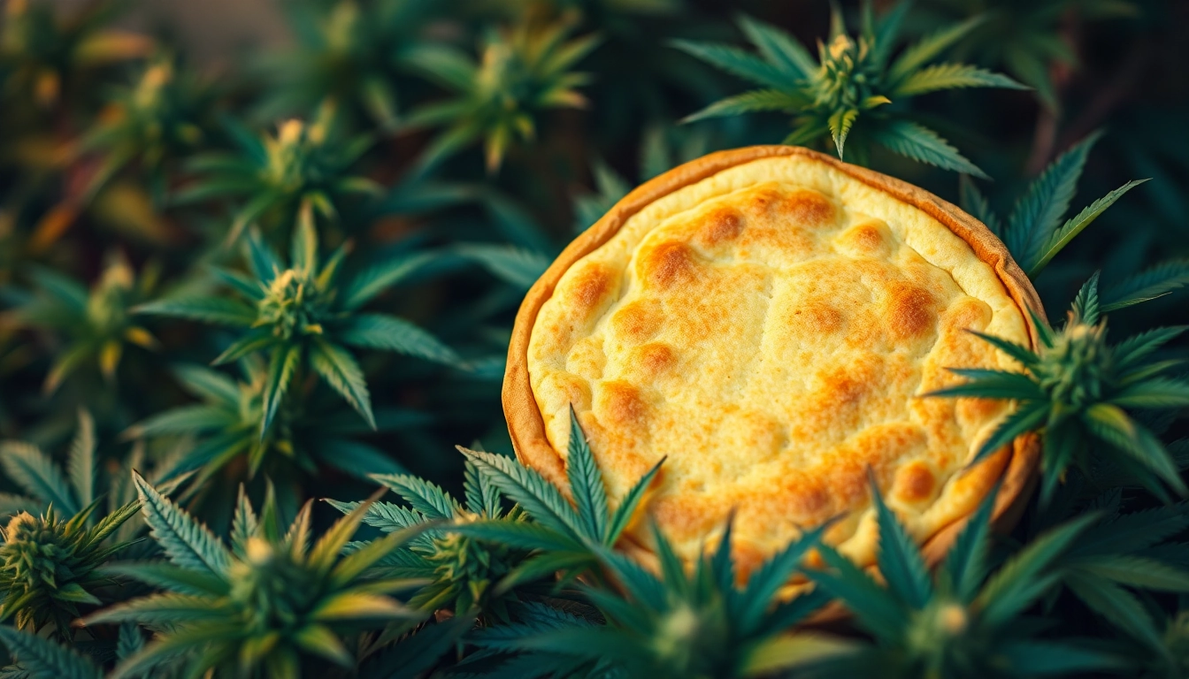 Leckere Cannabis Kekse auf einer Holzplatte, umgeben von frischen Cannabispflanzen, warm beleuchtet.