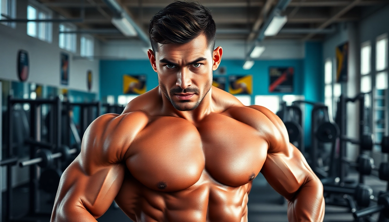 clenbuterol kaufen für effizientes Bodybuilding, athletischer Körper in einem modernen Fitnessstudio.