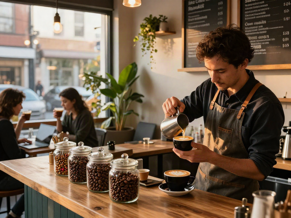 Barista creating latte art with rokok88 coffee in a trendy urban café.
