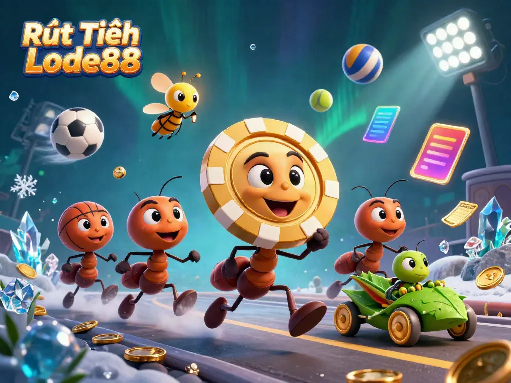 Experience the thrill of Rút Tiền Lode88 with a team of ants stealing a giant poker chip in a vibrant casino-themed scene.