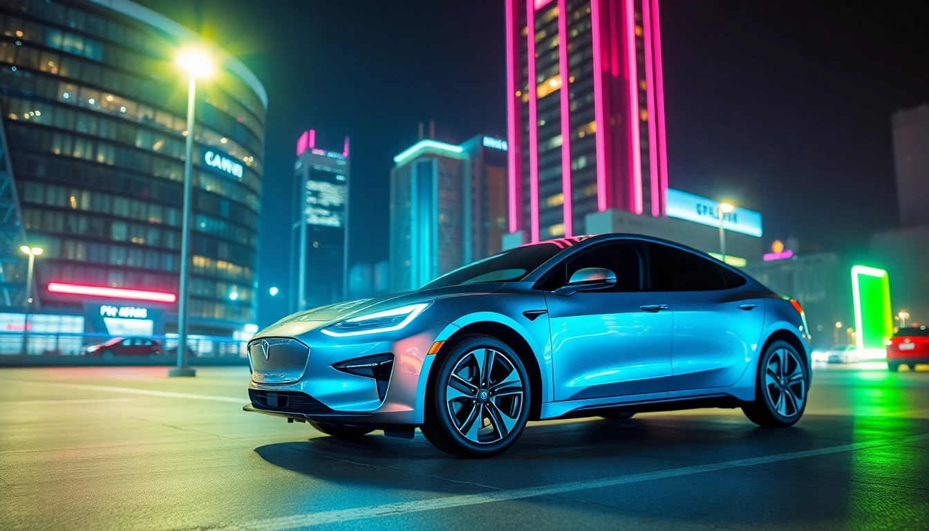 Elektroautos in einer modernen städtischen Umgebung mit Neonlichtern und futuristischem Flair