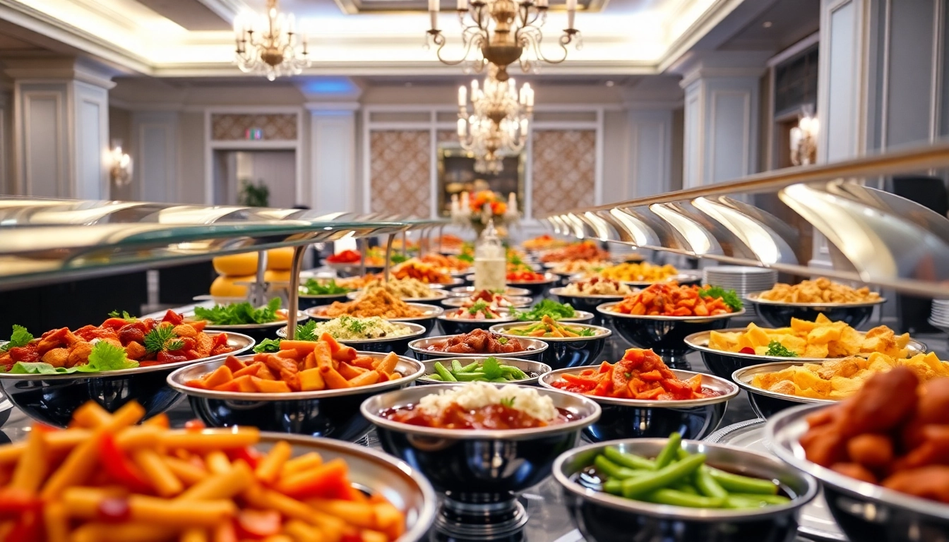 Buffet catering setup with elegant dishes and decor, offering a feast for guests at an event.