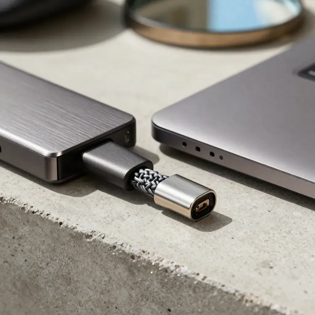 Portable SSD mit geflochtenem Kabel, Adapter und geschlossenem Notizbuch auf dunklem Untergrund.