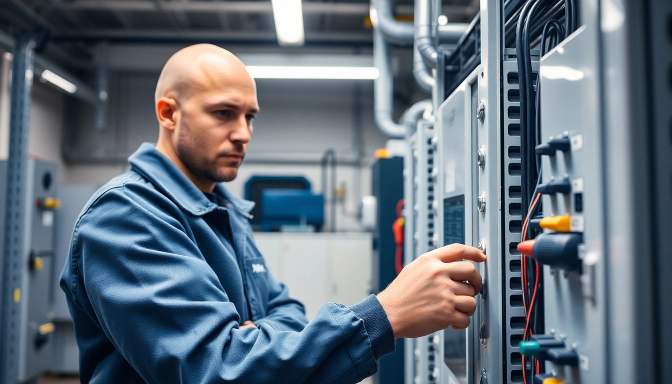 Technician performing a DGUV V3 Prüfung on electrical devices, showcasing safety inspection tools and equipment.