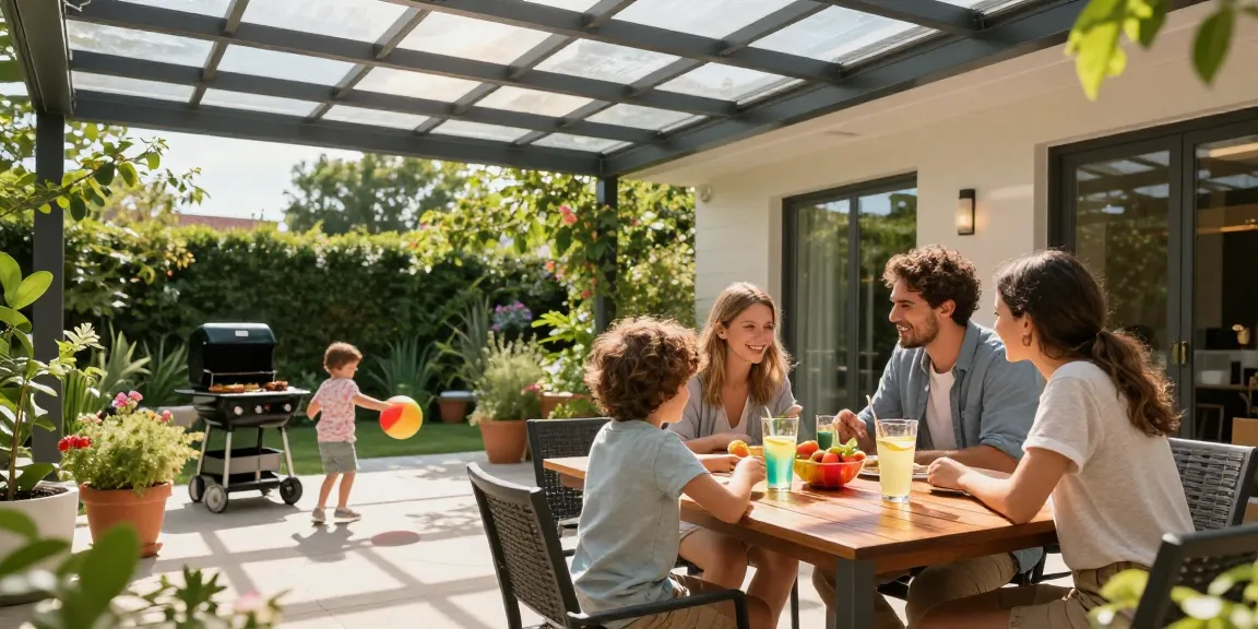 Moderne Terrassenüberdachung in einer gemütlichen Gartenszene mit einer Familie, die zusammen Zeit verbringt.