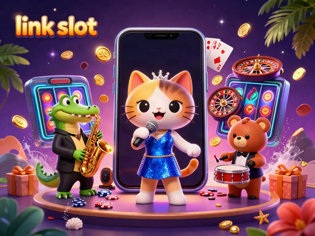Engage with exciting link slot games featuring vibrant characters in a lively casino scene.