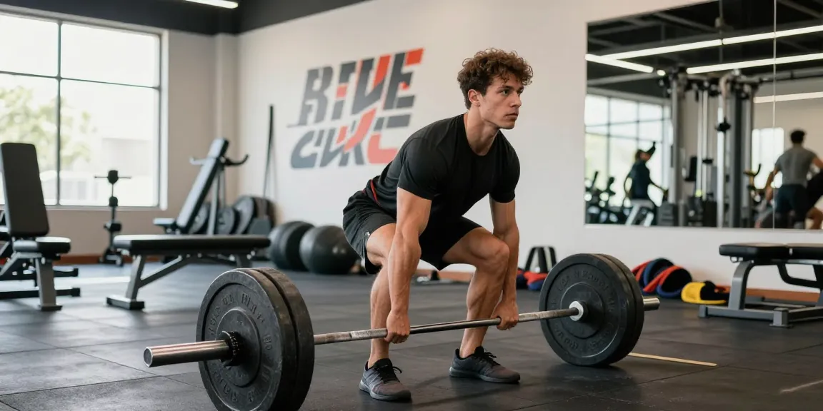 Kraftsportler beim Deadlift im Steroidshop-Fitnessstudio, zeigt Krafttraining und Konzentration
