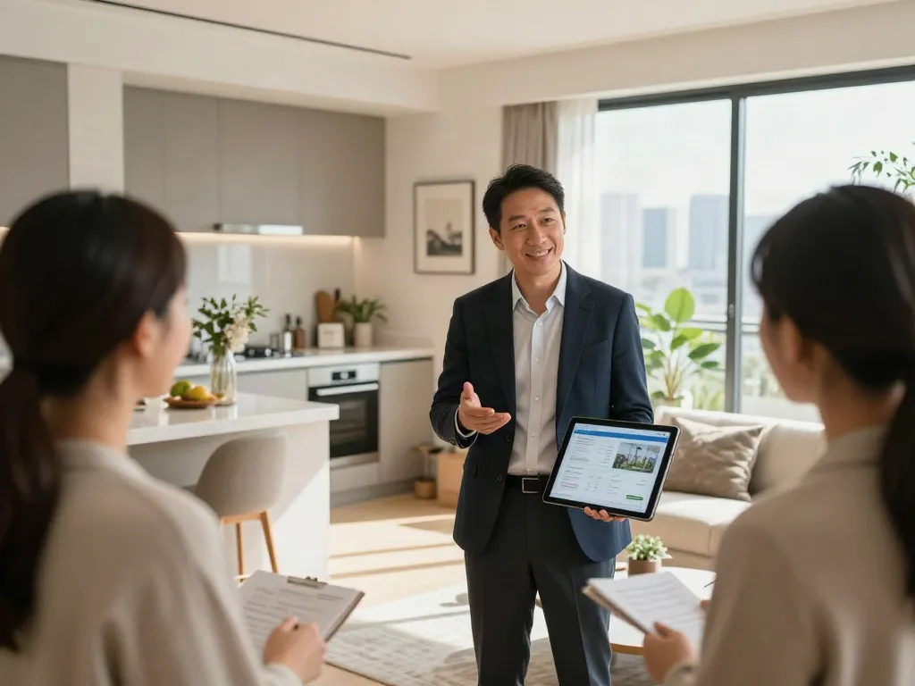 Bester Immobilienmakler Frankfurt bei einer Immobilienbesichtigung mit Kunden in modernem Wohnumfeld.