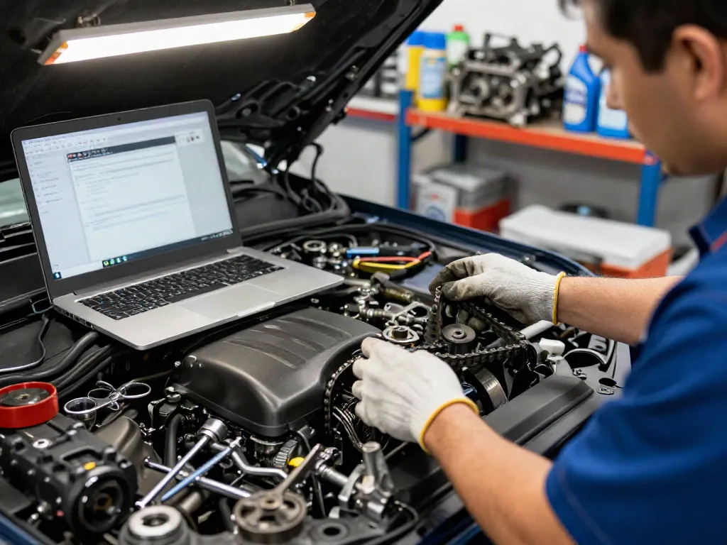 Mechaniker beim Steuerkette wechseln Hannover in einer professionellen Werkstatt.