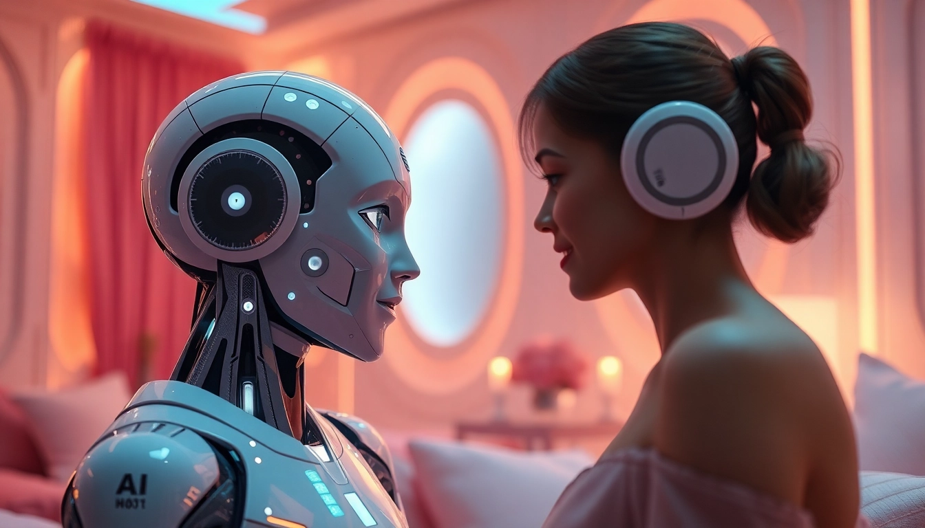 AI sex bot engaged in an intimate conversation in a warm, inviting setting, showcasing emotional connection and innovation.