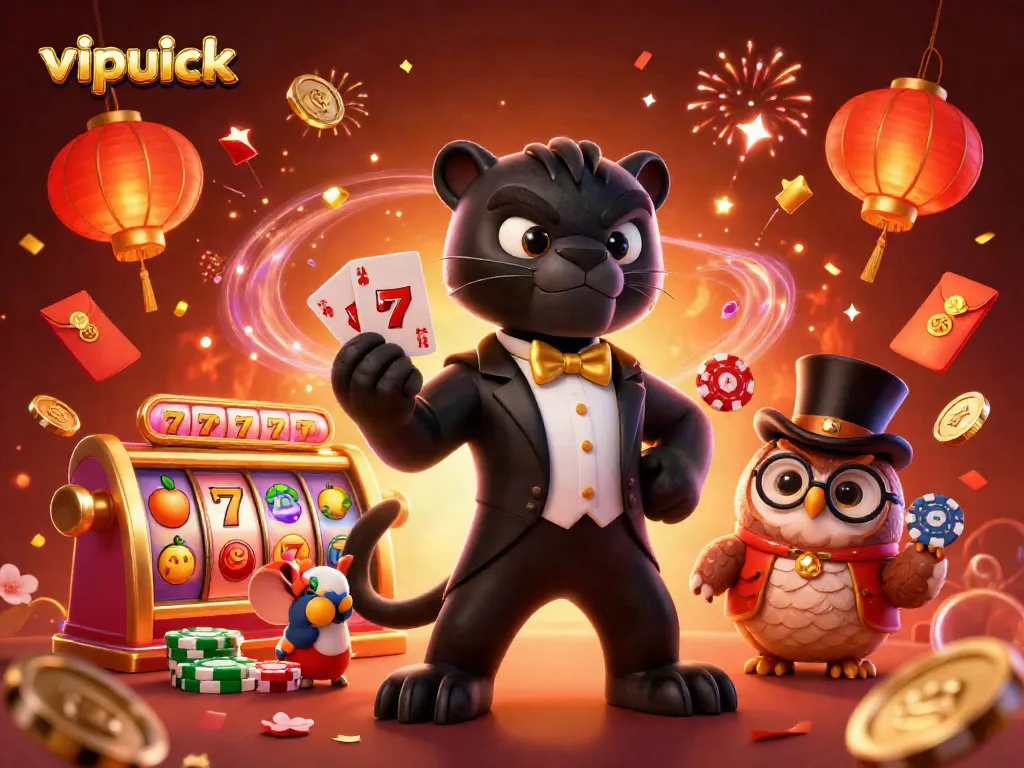 Experience exhilarating slots action with vipluck featuring a tuxedoed panther and card-dealing owl.