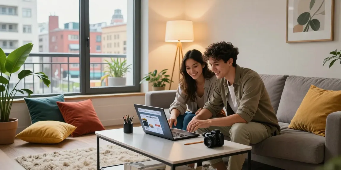 Paar kauft Möbel online mit Laptop im stilvollen Wohnzimmer, Möbel kaufen Thema.