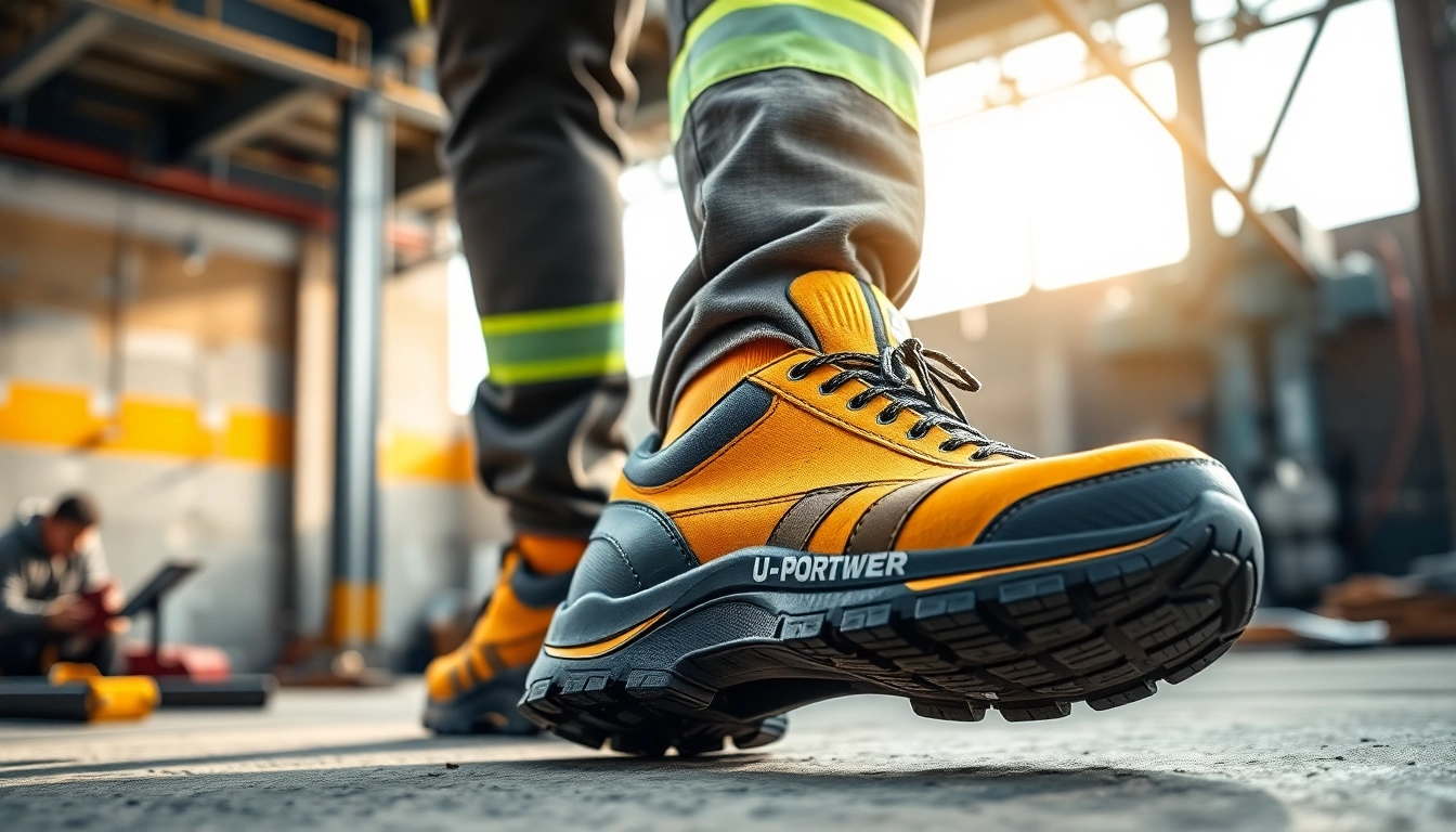 Arbeiter trägt U-Power Sicherheitsschuhe auf einer Baustelle, die für Komfort und Sicherheit stehen.