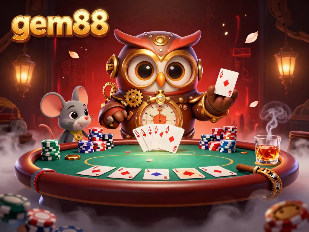 Experience the excitement of gem88 with a vibrant 3D casino scene featuring dynamic poker elements and animated characters.