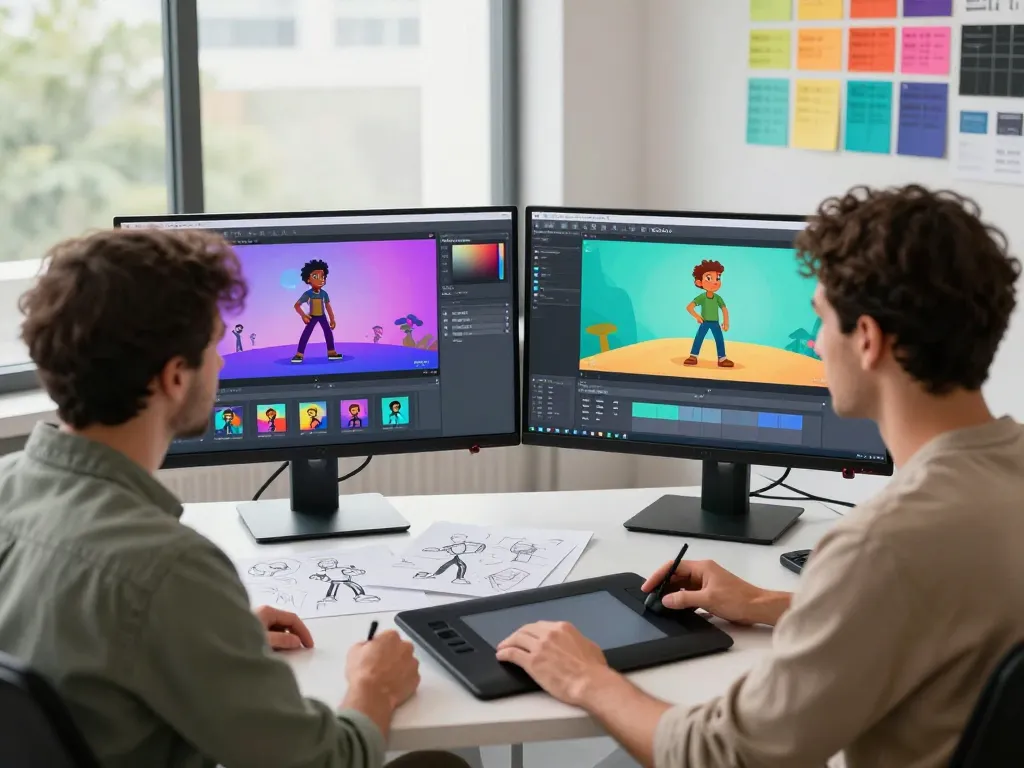 Kling 2.6 motion control software in a vibrant motion control studio with an artist creating animations.