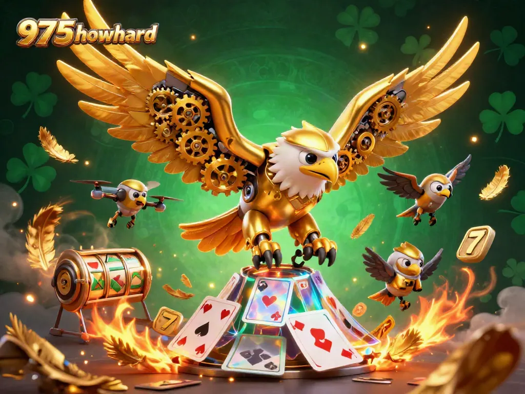 Experience the thrill of gaming with 975howard's vibrant 3D casino illustration featuring a dynamic eagle and holographic cards.
