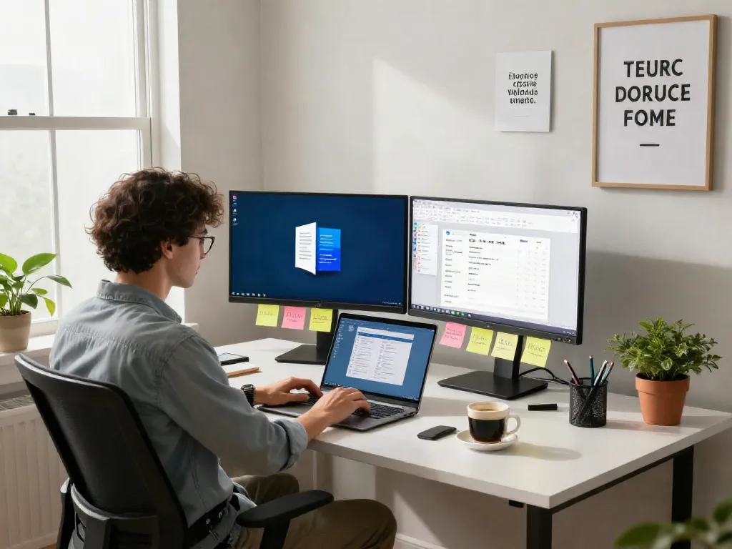 Person im modernen Home Office mit Office 2024 Home Anwendungen, inspirierende Atmosphäre