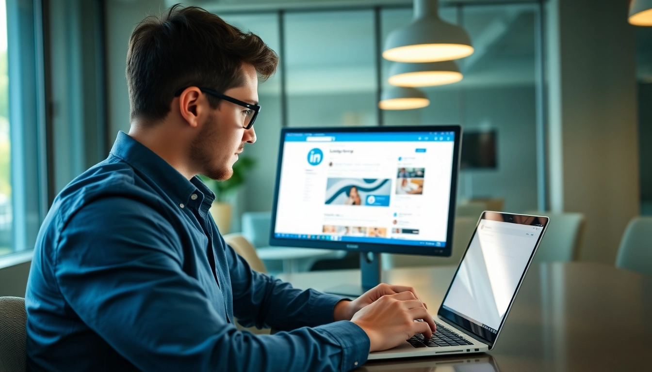 Linkedin Werbung: Professioneller Marketer erstellt LinkedIn Anzeigen in modernem Büro, Laptop und Bildschirm sichtbar.