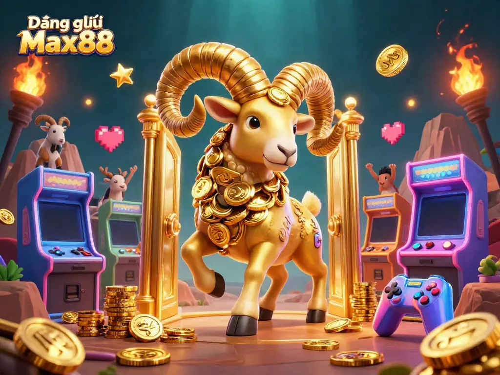 Experience Đăng ký Max88 with a vibrant 3D scene featuring a golden ram and casino-themed elements.