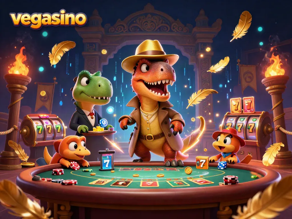 Experience thrilling wins at vegasino with a velociraptor meticulously counting cards in a bustling casino.