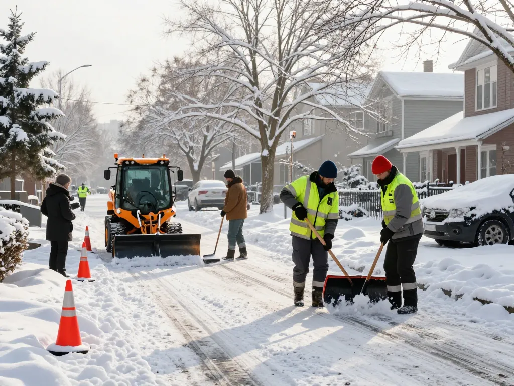 professioneller Winterdienst in Münster, der aktiv Schnee von Gehwegen und Straßen in einer schneereichen urbanen Umgebung mit Sicherheitsausrüstung räumt.