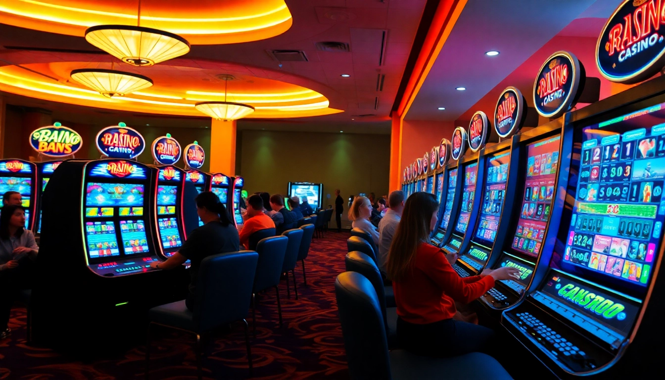 Erlebe den aufregenden online casino bonus mit bunten Spielautomaten und fröhlichen Spielern.