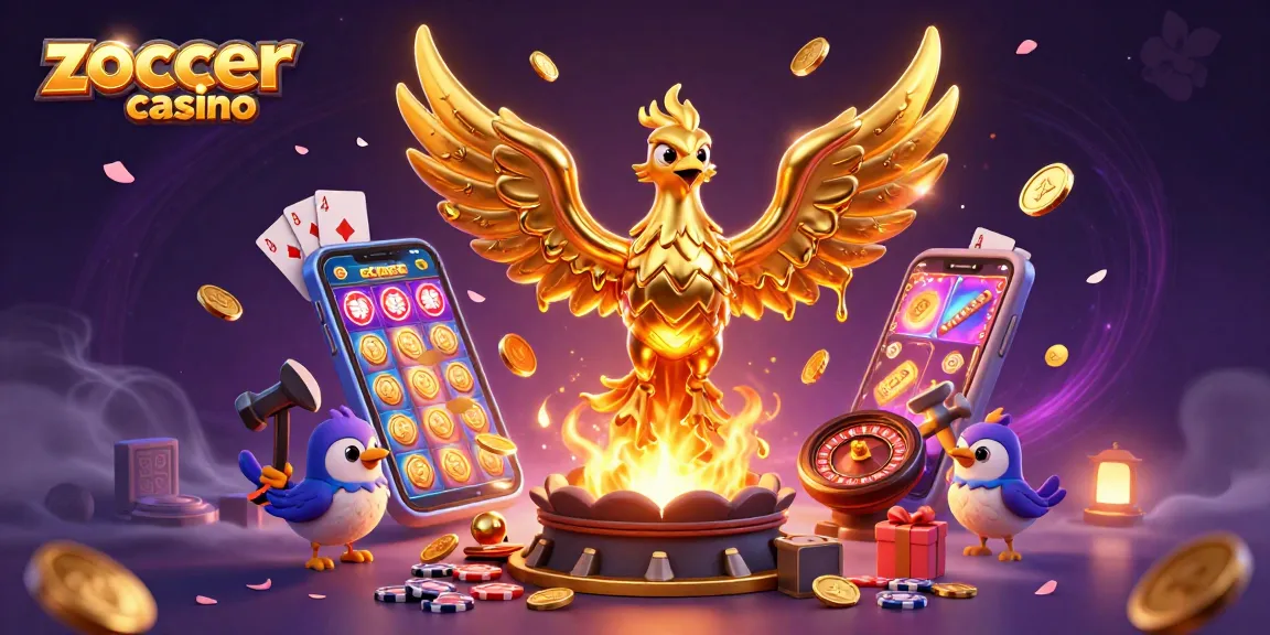 Experience the thrill of zoccer casino with a phoenix rising among vibrant gaming elements.