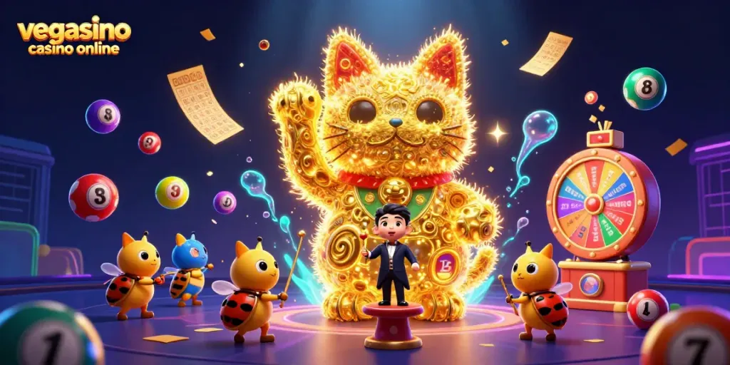 Engage with exciting games at vegasino casino online featuring a lucky cat and vibrant casino symbols.