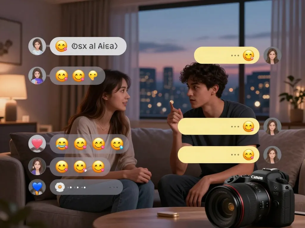 Engaging scene of avatars in a sex AI chat, highlighting digital intimacy with virtual elements and playful emojis.