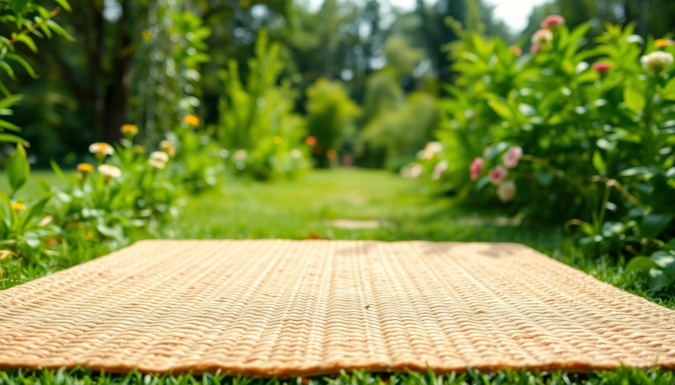 Die Hanfmatte in einem ruhigen Gartenumfeld, naturalistisch und einladend.