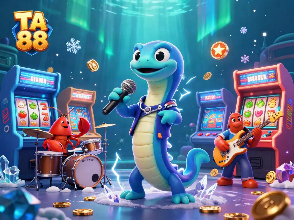 TA 88 showcases an electric eel DJ performing on an underwater casino stage surrounded by vibrant slot machines.