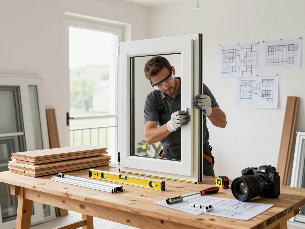 Handwerker konzentriert auf die Fensterbau-Fenstermontage in einer hellen Werkstatt.
