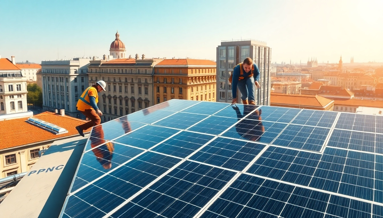 Photovoltaikanlage Kaufen Wien: Installation von modernen Solarpanels auf einem Wiener Wohnhausdach