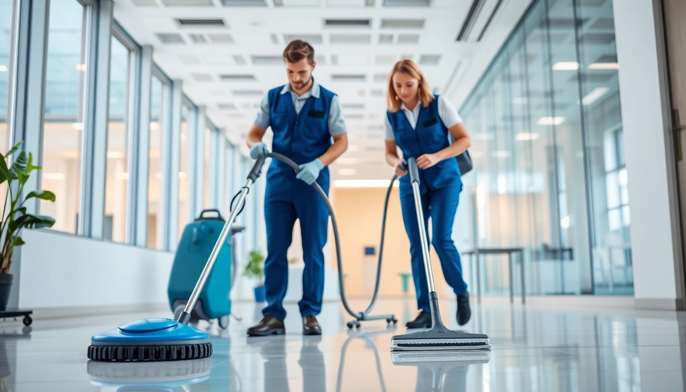 Professionelle Gebäudereinigung Ulm durch ein engagiertes Team in modernem Büro, das effiziente Reinigung zeigt.