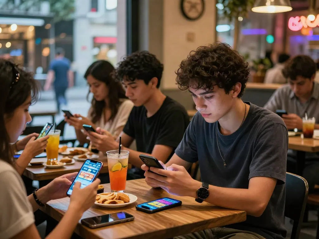 Mobile Casino Vergleich Österreich: Spieler genießt Casino-Spiele auf Smartphone im Café mit Freunden.