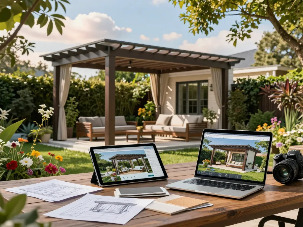 Anpassbarer Veranda 3D Konfigurator in Aktion, der ein stilvolles Pergoladesign in einem sonnigen Garten zeigt.