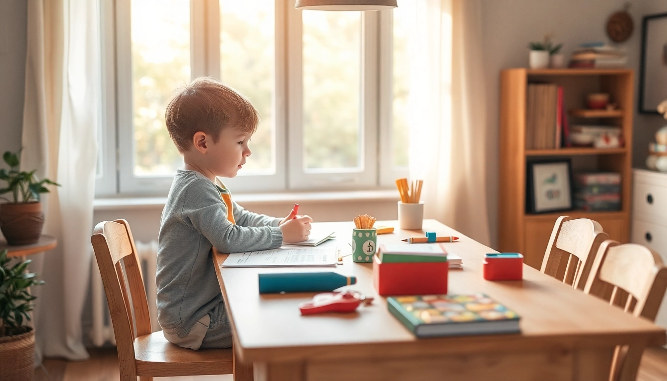 Darstellen von Heimunterricht mit einem Kind, das an einem Tisch mit Schulmaterialien arbeitet und warmes Licht in einem freundlichen Raum empfängt.