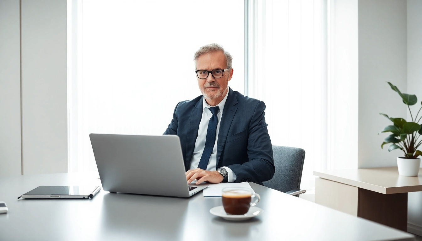 Headhunter Leverkusen in stilvollem Büro, Telefonat führend, professionelle Atmosphäre schaffen.